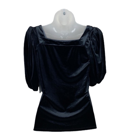 NEW CECE Black Short Puff Sleeve Velour Blouse Top Square Neck - Picture 3 of 6